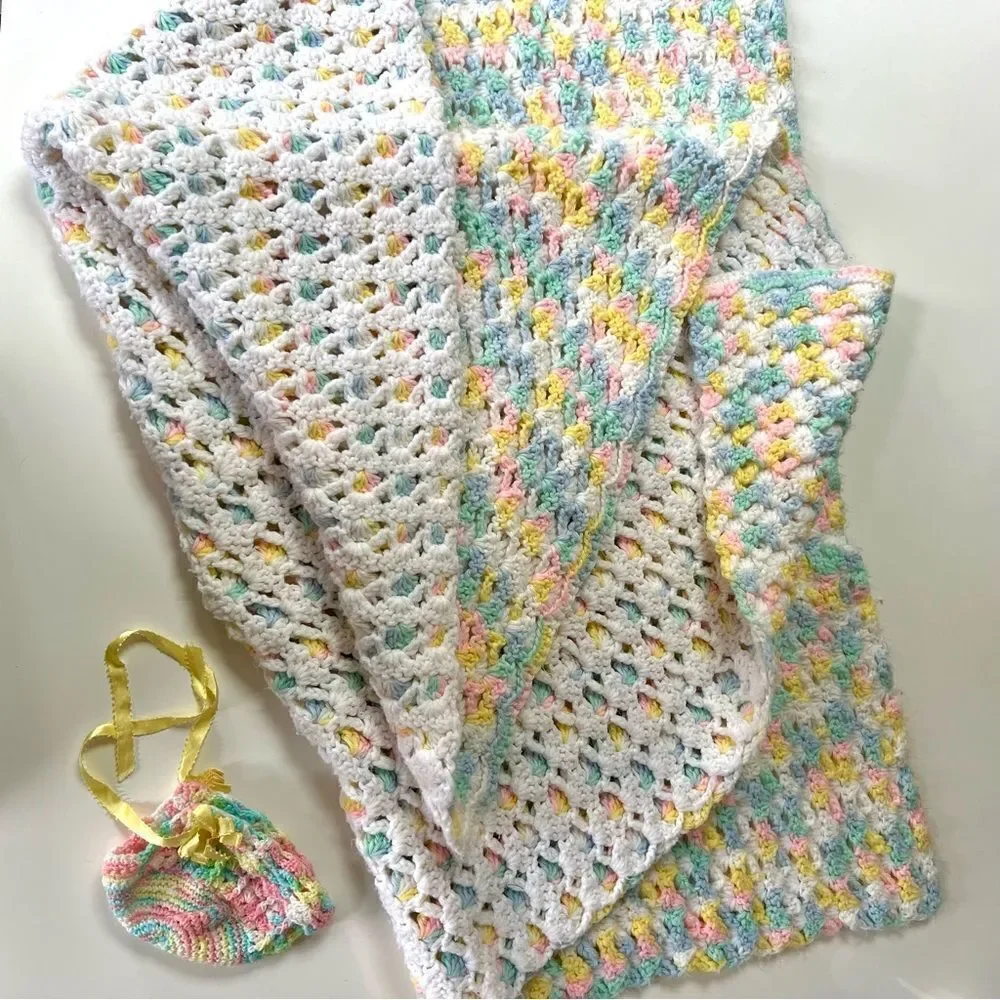 Vintage Handmade 1960s 1970s Rainbow Pastel Crochet Knit Baby Blanket & Bonnet